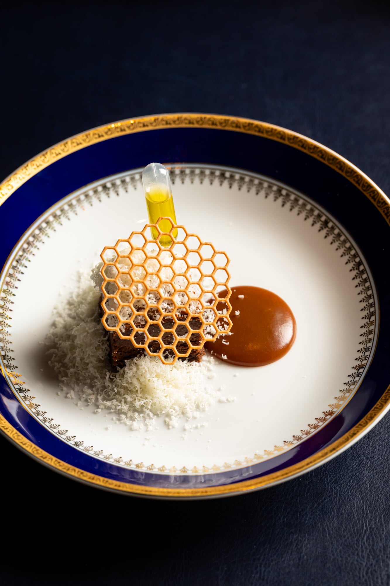 Honeycomb tuile dessert with caramel