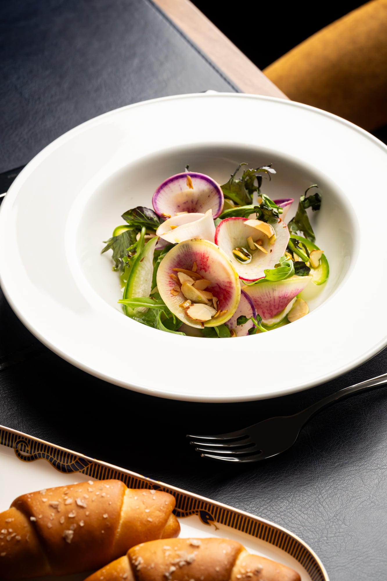 Plated pasta dish on the marble table